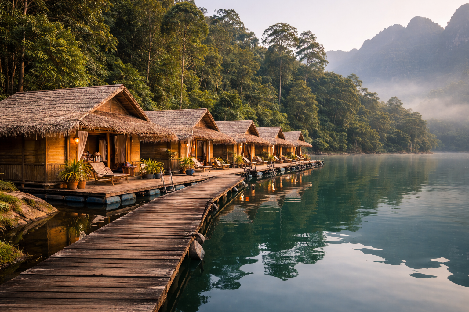Floating bungalow dock morning calm